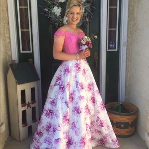 Ellie Wilde pink two piece prom gown.